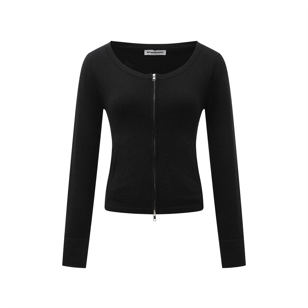 Double-Zipper Hooded Long Sleeve Short Knit Cardigan Casual Solid Color Versatile Open Front Sweater