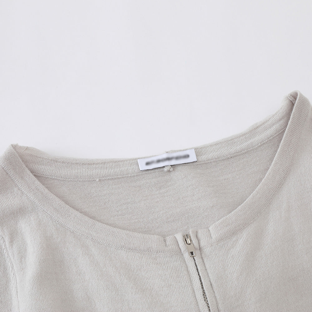 Double-Zipper Hooded Long Sleeve Short Knit Cardigan  Casual Solid Color Versatile Open Front Sweater