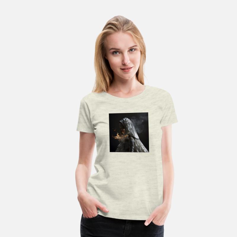 A woman in a white dress with smoke coming out