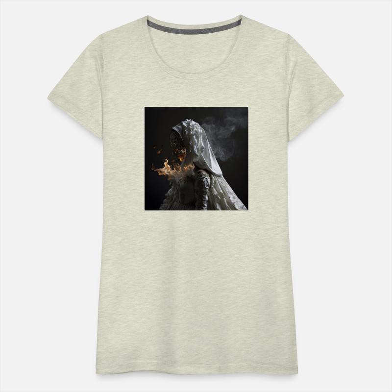 A woman in a white dress with smoke coming out