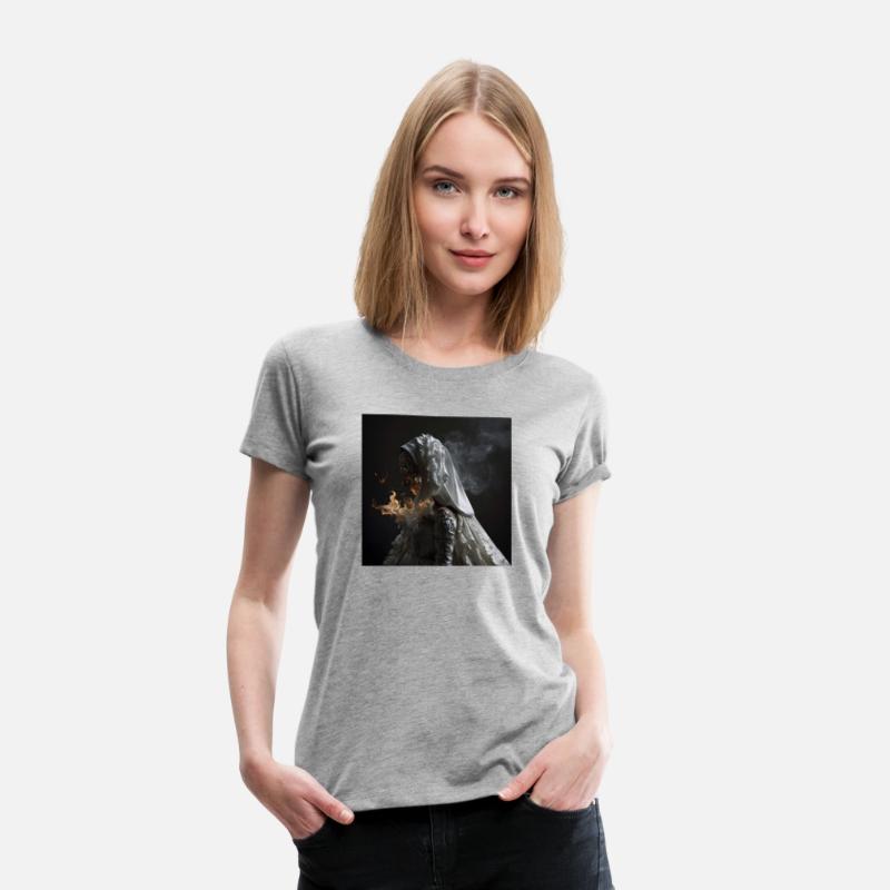 A woman in a white dress with smoke coming out