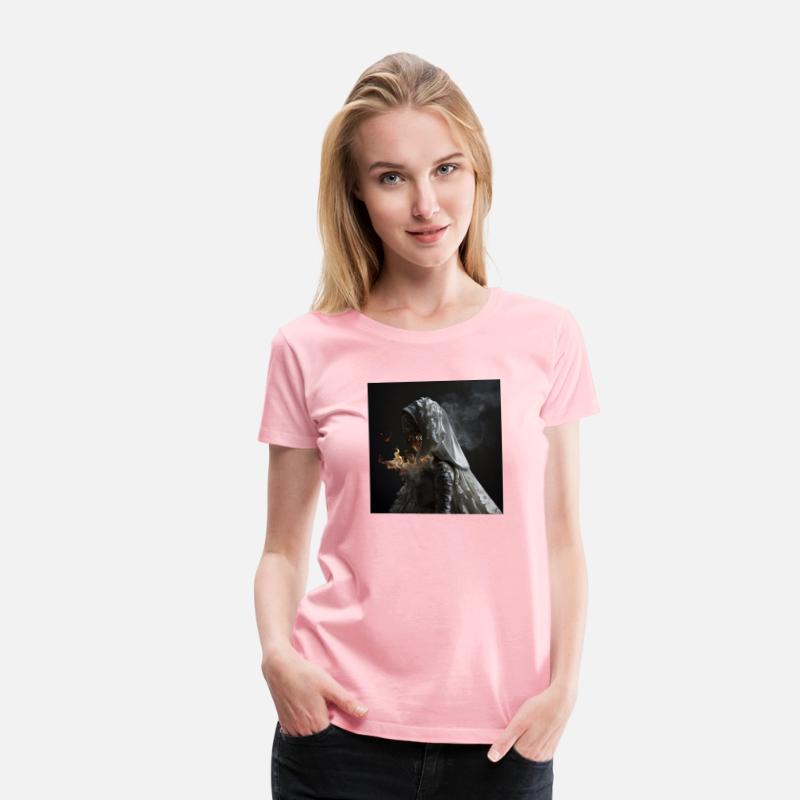 A woman in a white dress with smoke coming out