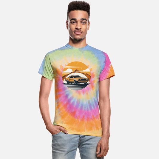 Classic muscle car roaring down dusty desert road