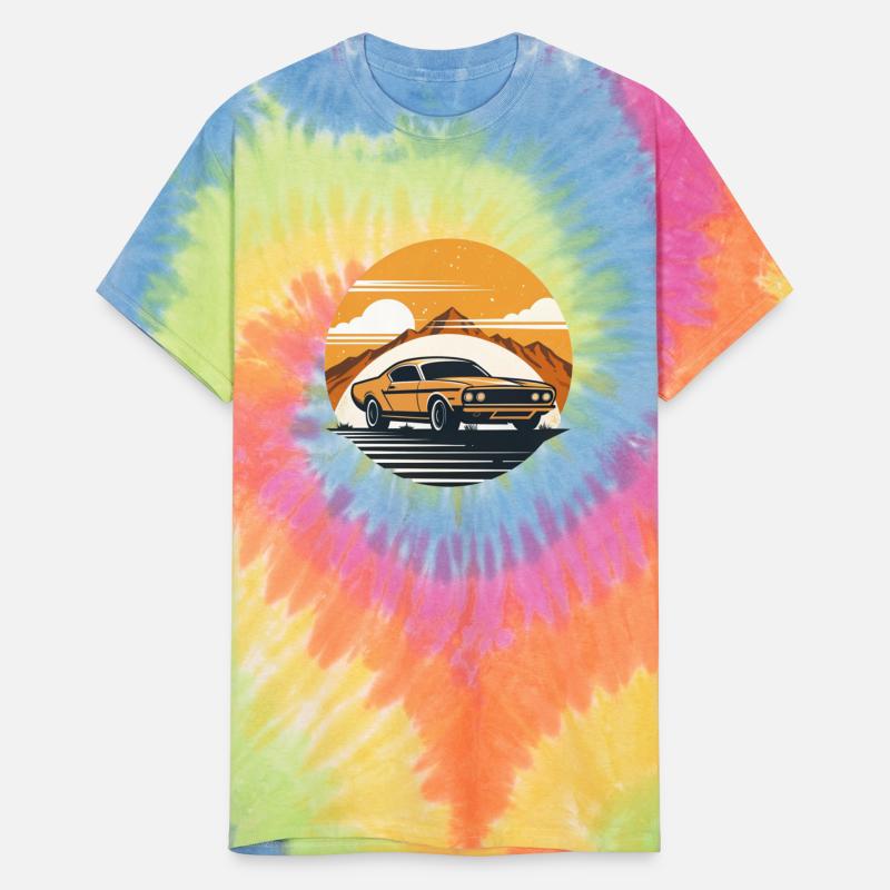 Classic muscle car roaring down dusty desert road