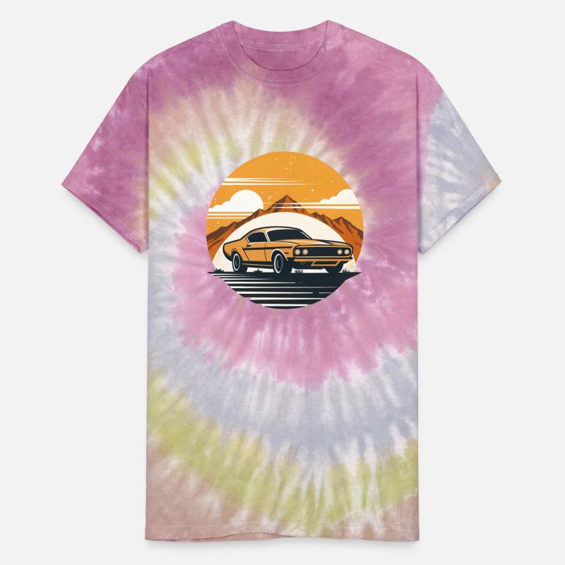 Classic muscle car roaring down dusty desert road