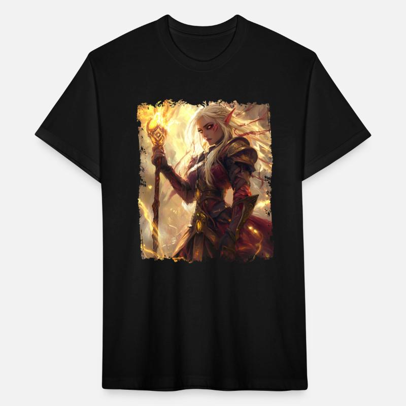 Fiery Elf Mage with Glowing Magical Staff Design