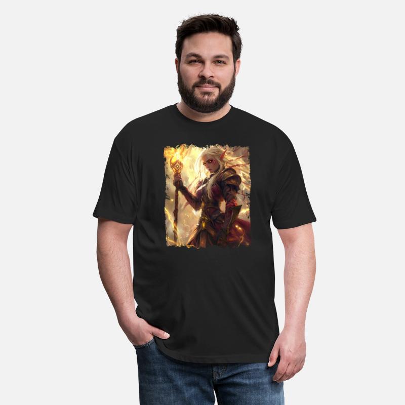 Fiery Elf Mage with Glowing Magical Staff Design