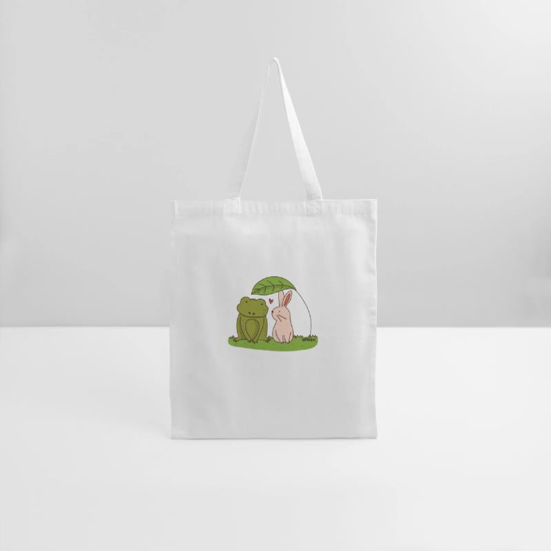 Rabbit and frog under a leaf