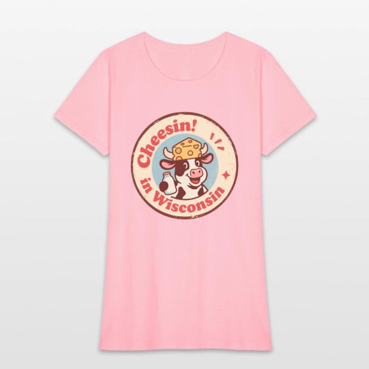 Retro Wisconsin Badge Cartoon Cow in Cheese Hat