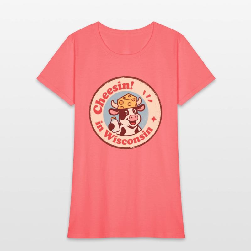 Retro Wisconsin Badge Cartoon Cow in Cheese Hat