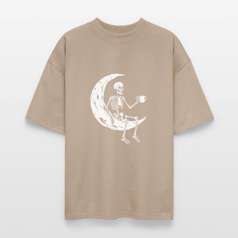 Skeleton on Moon Drinking Coffee