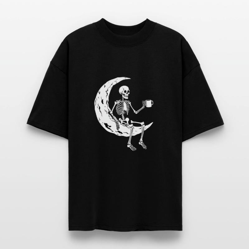 Skeleton on Moon Drinking Coffee