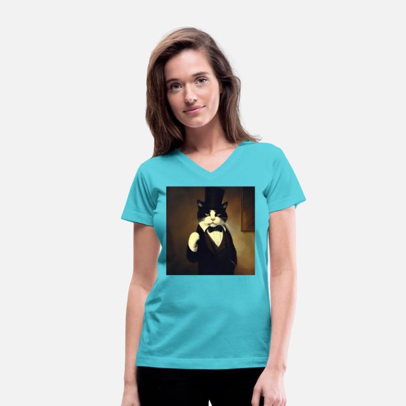 The cat in the image is wearing a sweater and funn