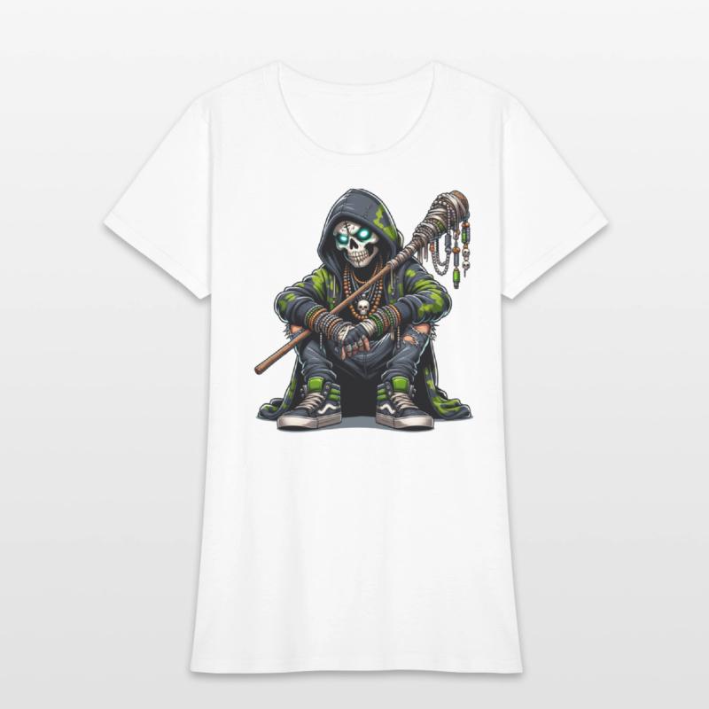 Urban Skull Shaman in Camo Hoodie with Tribal Staf