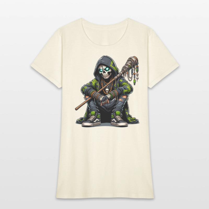 Urban Skull Shaman in Camo Hoodie with Tribal Staf