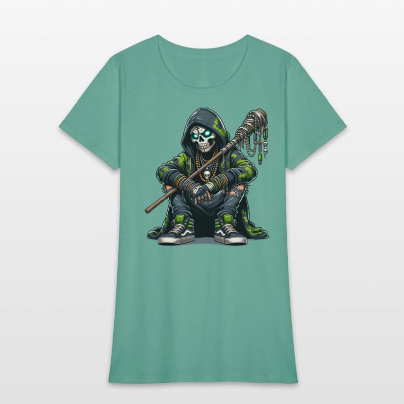 Urban Skull Shaman in Camo Hoodie with Tribal Staf