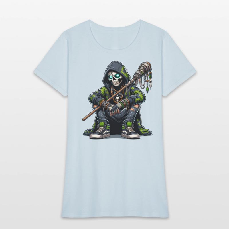 Urban Skull Shaman in Camo Hoodie with Tribal Staf