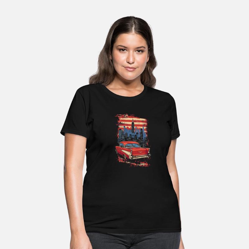 US Flags Vintage Car Shirt Patriotic Classic Car